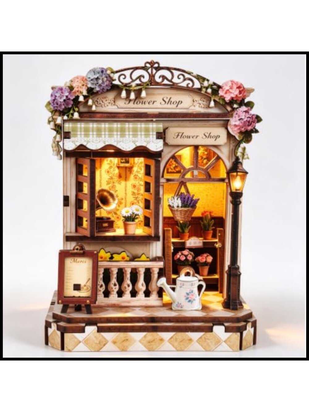 DIY Miniature House 3D Puzzle Kit LED Flower Shop Bookshelf Decor Wooden